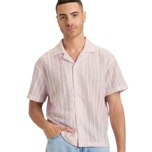 NWT Original Use Striped Semi Sheer Button Down Shirt Pink White Boxy Fit Mens L